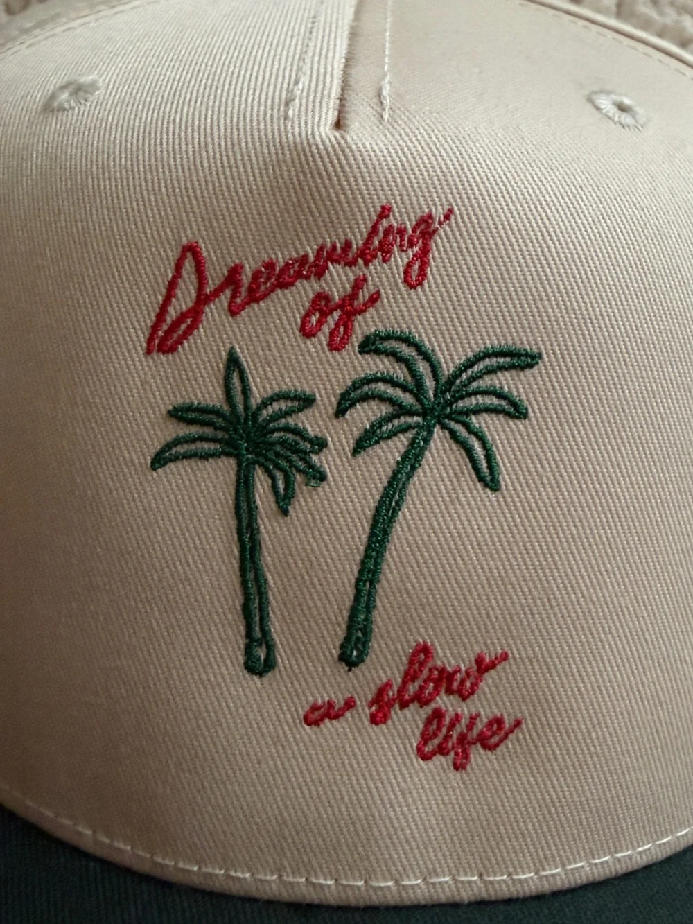 Cream & green dreaming of a slow life Embroidered trucker hat